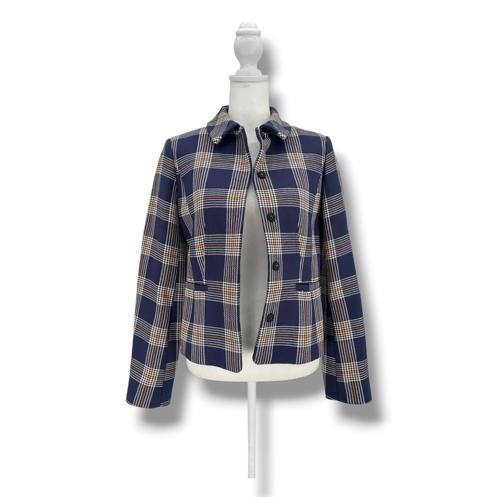 Brooks Brothers Womens 0 Navy Plaid Wool Blend Cropped Jacket Fall Preppy Career